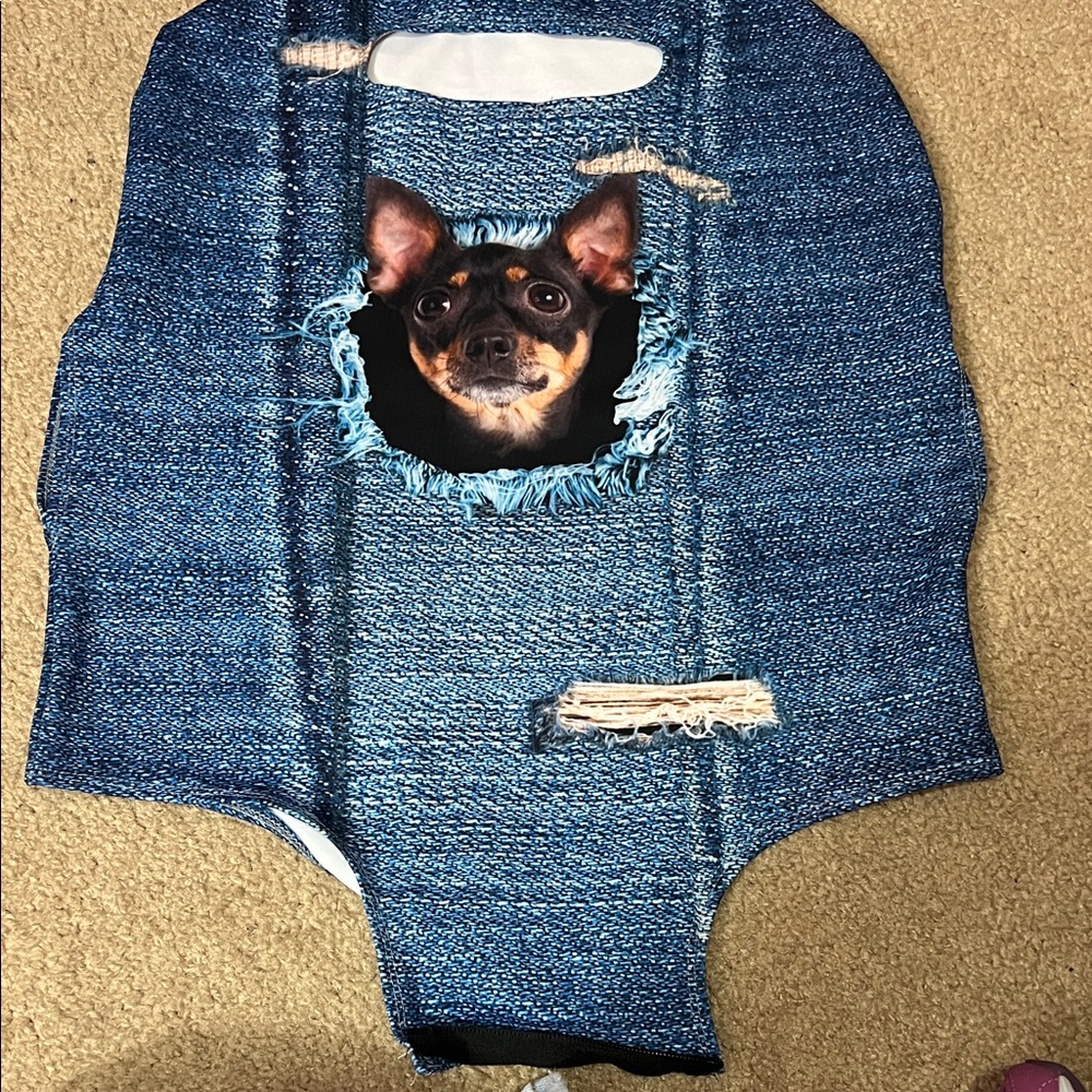 Blue Denim suitcase cover with dog graphic